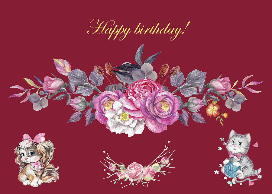 Happy Birthday With Flowers And Cute Pets Digital Art by Johanna Hurmerinta
