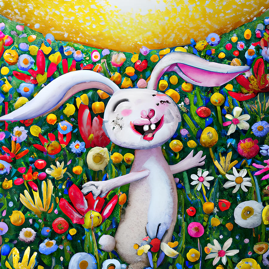 Happy Bunny in Colorful Flower Meadow Digital Art by Amalia Suruceanu