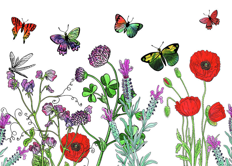 Happy Butterflies In The Garden With Flowers Watercolor  Painting by Irina Sztukowski
