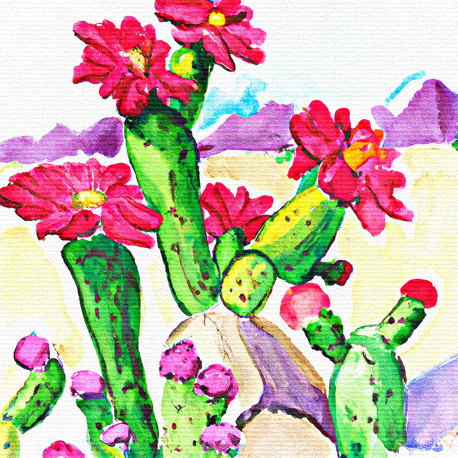 Happy cactus flowers, Arizona - Watercolor Digital Art by Tatiana Travelways