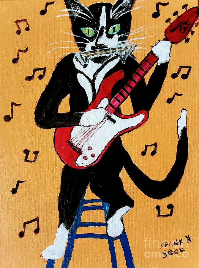 Happy Cat Plays The Blues Mixed Media by Seaux-N-Seau Soileau