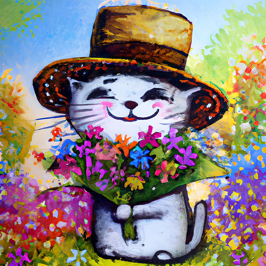 Happy Cat with Hat and Bouquet Painting by Amalia Suruceanu