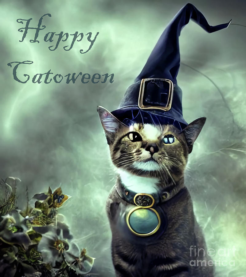 Happy Catoween Cat With Witchs Hat Digital Art