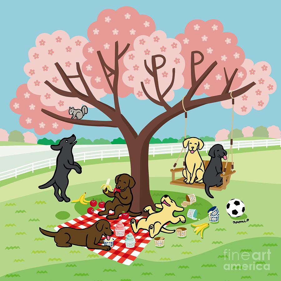 Happy Cherry Blossom Tree Labradors Digital Art by Naomi Ochiai