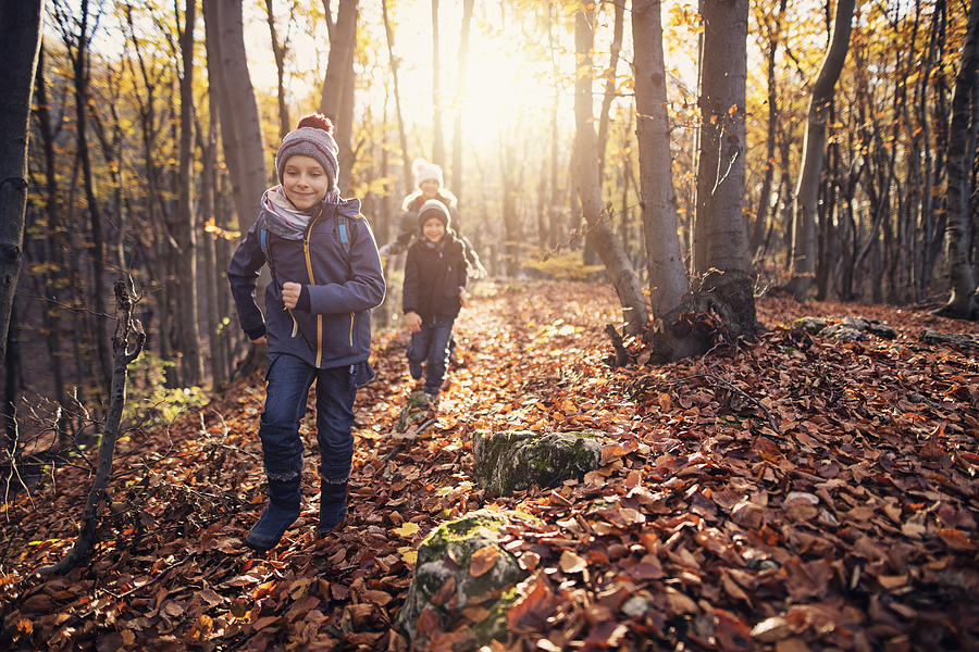 Happy children running in autumn forest Photograph by Imgorthand
