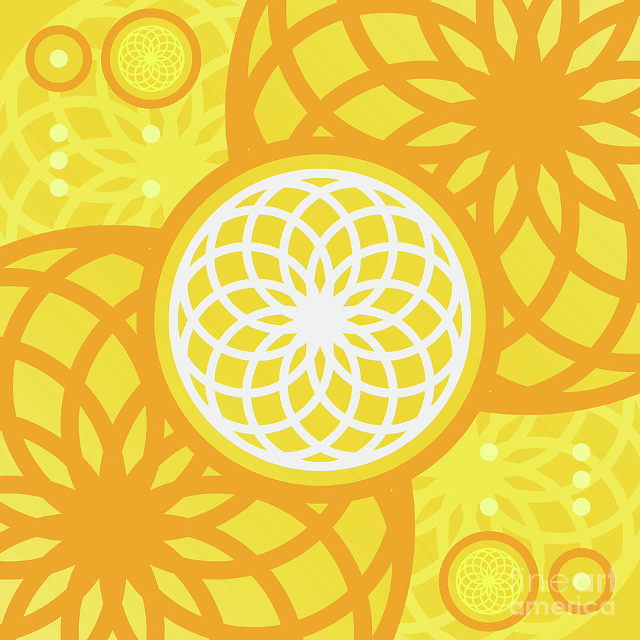 Happy Citrus Geometric Glyph Art in Yellow Orange and White n.0068 Mixed Media by Holy Rock Design