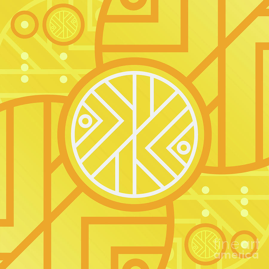 Happy Citrus Geometric Glyph Art in Yellow Orange and White n.0088 Mixed Media by Holy Rock Design