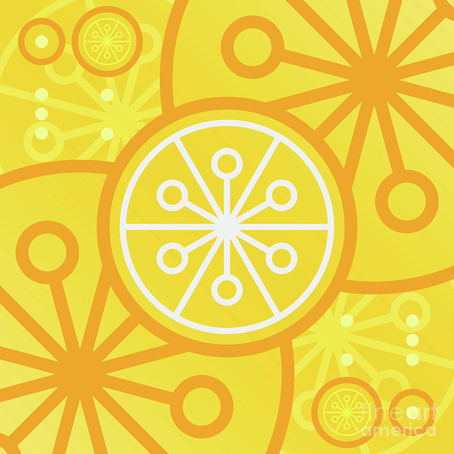 Happy Citrus Geometric Glyph Art in Yellow Orange and White n.0278 Mixed Media by Holy Rock Design