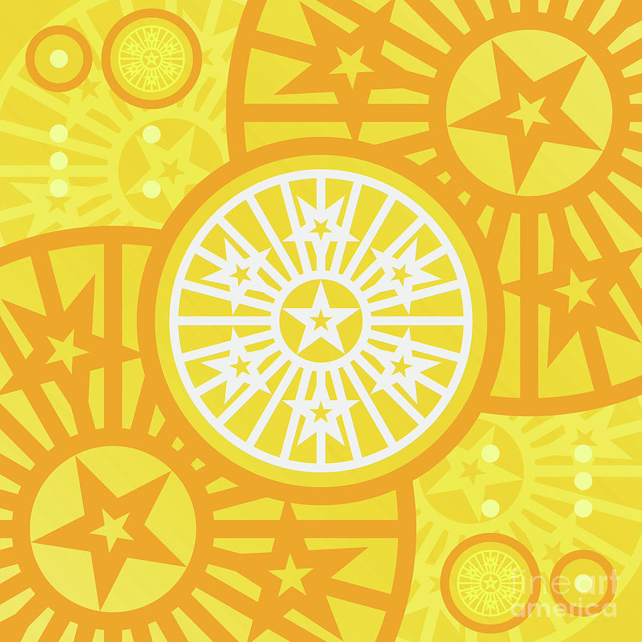 Happy Citrus Geometric Glyph Art in Yellow Orange and White n.0468 Mixed Media by Holy Rock Design