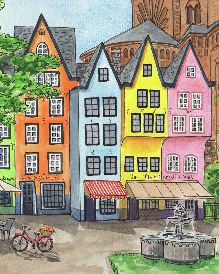 Happy Colorful Building Of Cologne Germany Red Bicycle And Fountain  Painting by Irina Sztukowski
