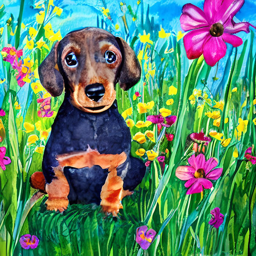 Happy Dachshund Puppy in Wildflower Field Digital Art by Amalia Suruceanu
