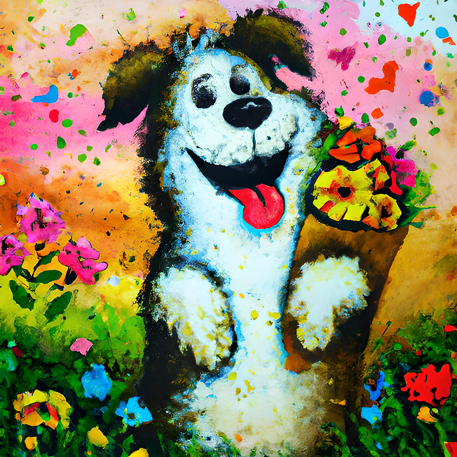 Happy Dog with Fantasy Bouquet Digital Art by Amalia Suruceanu