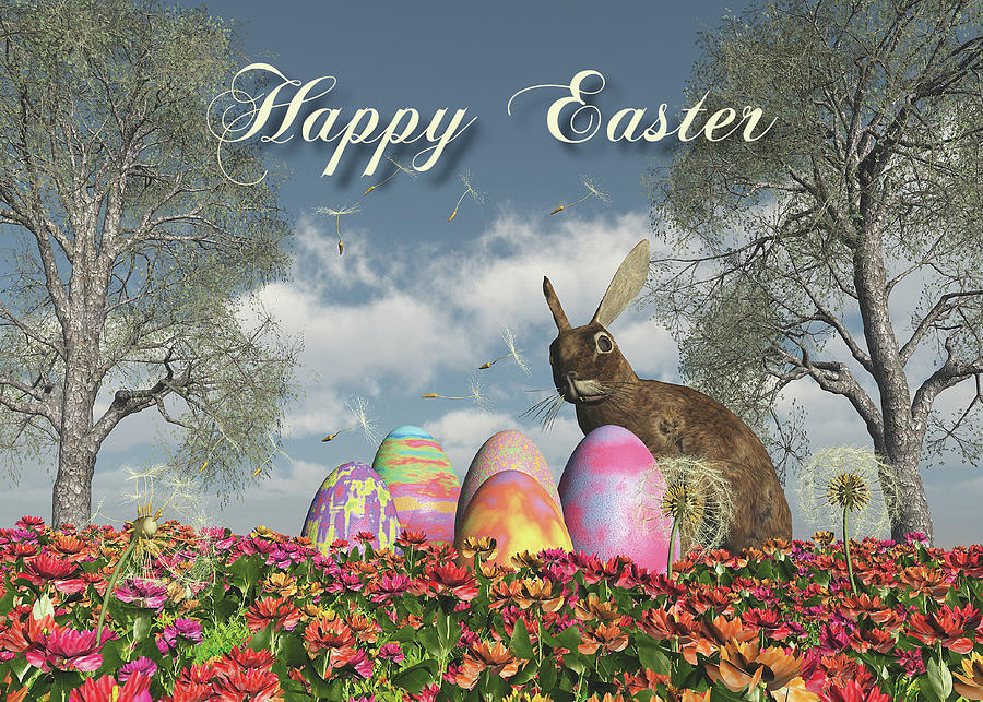 Happy Easter bunny eggs and flowers Digital Art by Jan Keteleer