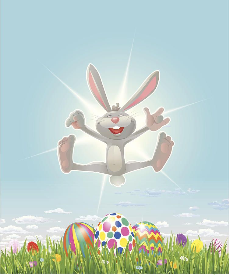 Happy Easter Bunny with Eastereggs Grass and Tulips Drawing by AlexvandeHoef