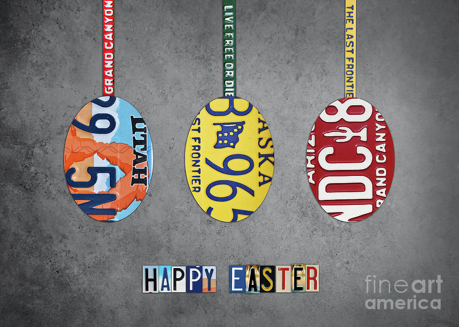 Happy Easter, license plates Mixed Media by Delphimages Photo Creations