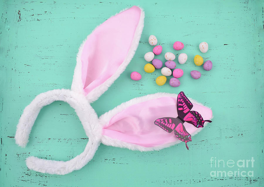 Happy Easter pink bunny ears on aqua blue wood table.  Photograph by Milleflore Images