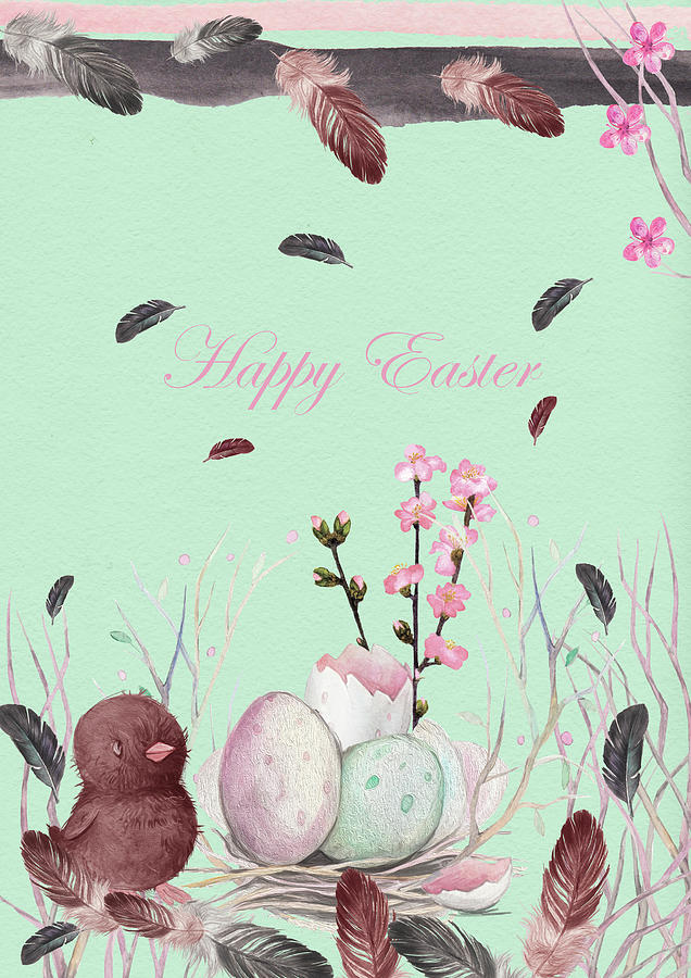 Happy Easter With A Cute Chick Mixed Media by Johanna Hurmerinta