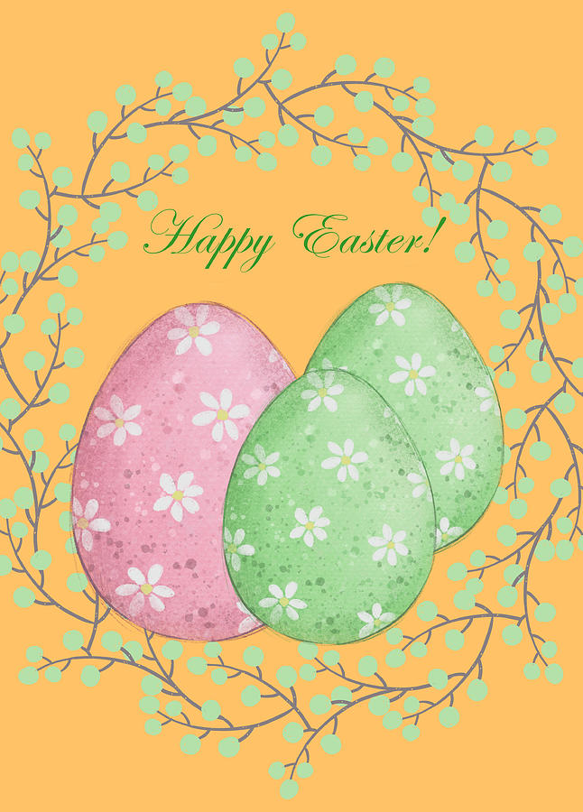 Happy Easter With Green Wreath And Cute Eggs Mixed Media by Johanna Hurmerinta