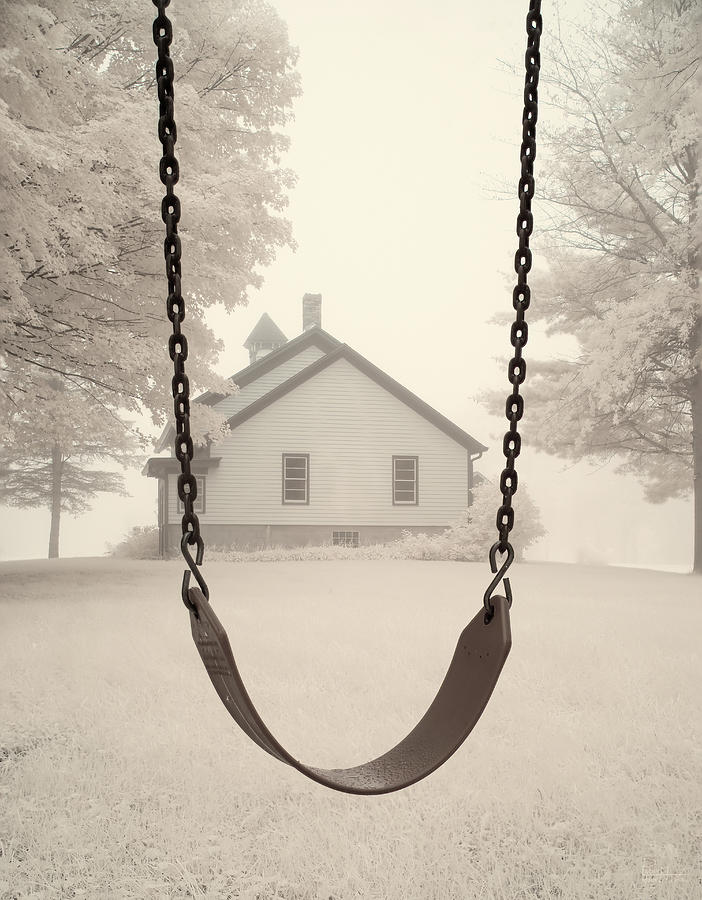 Go to your Happy Place - Historic Cooksville WI schoolhouse with swing on foggy morning Photograph by Peter Herman