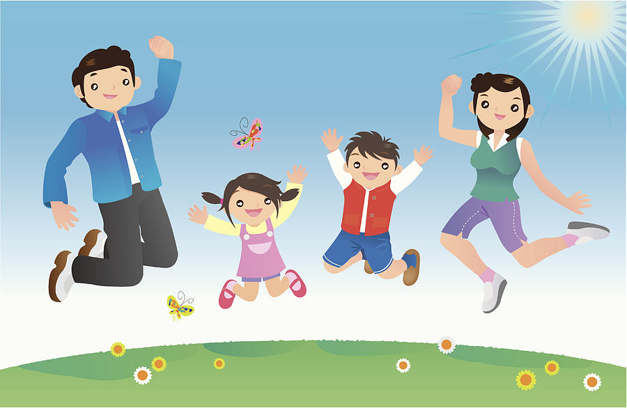 Happy family jumping against blue sky Drawing by Francoillustration