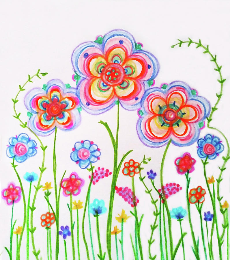 Happy Flowers 2 Drawing by Deborah Erlandson
