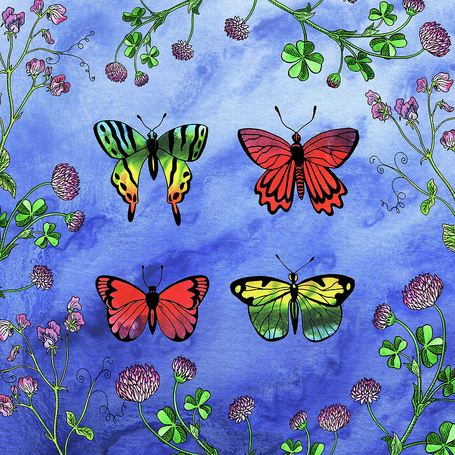 Happy Free Flight Of Four Beautiful Butterflies Watercolor Painting by Irina Sztukowski