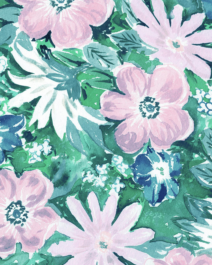 Happy Fresh Pink And Teal Blue Abstract Watercolor Flower Garden Floral Art I Painting
