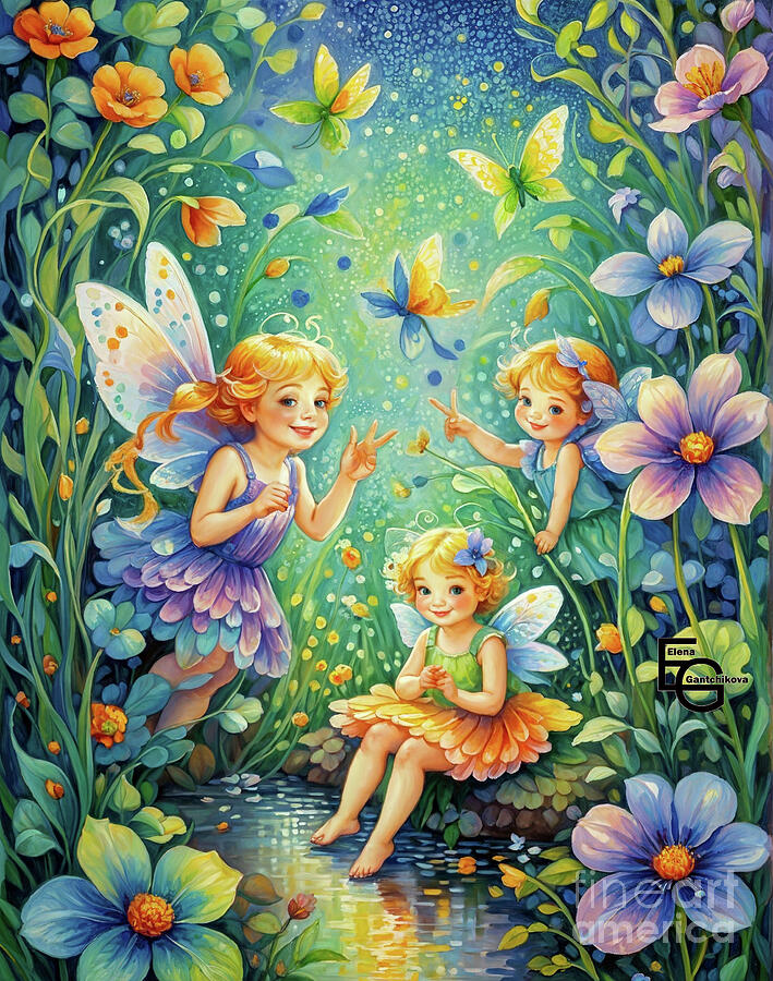 Happy fun fairies in a magical garden. A painting to improve your mood and well-being. Mixed Media by Elena Gantchikova