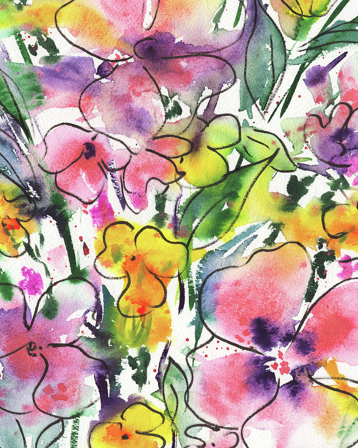 Happy Garden Flowers In Pink And Yellow Watercolor I  Painting by Irina Sztukowski