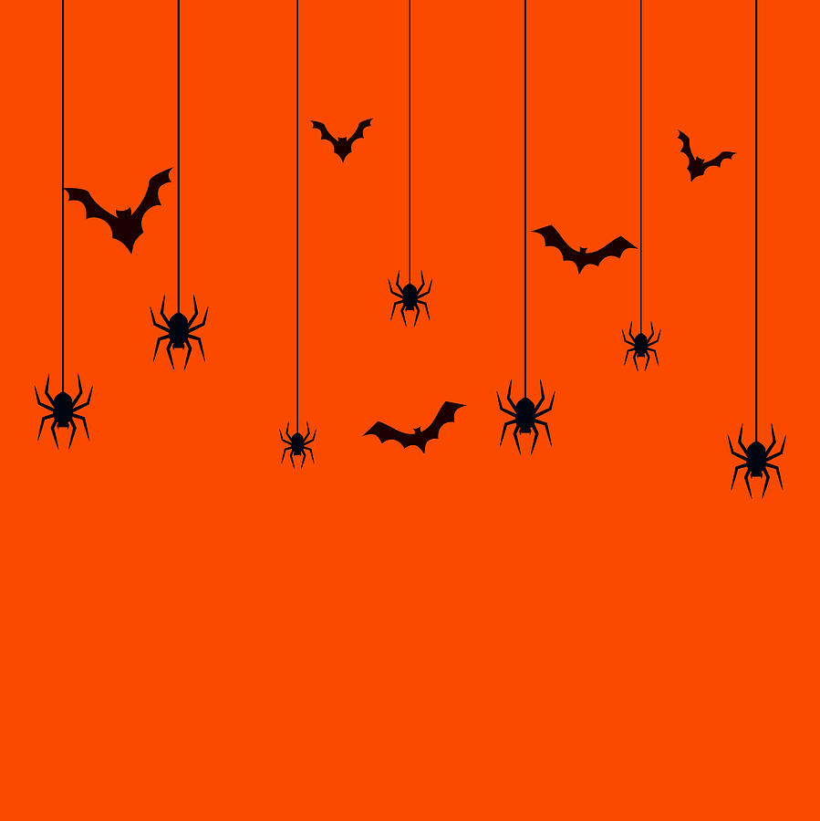 Spider Digital Art - Happy halloween scary spooky card with bats and spider, pumpkin orange background by Mounir Khalfouf
