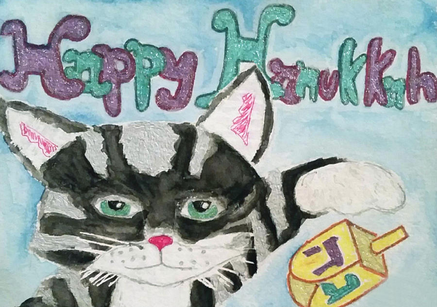 Happy Hanukkah Cat with Dreidel Drawing by Ali Baucom