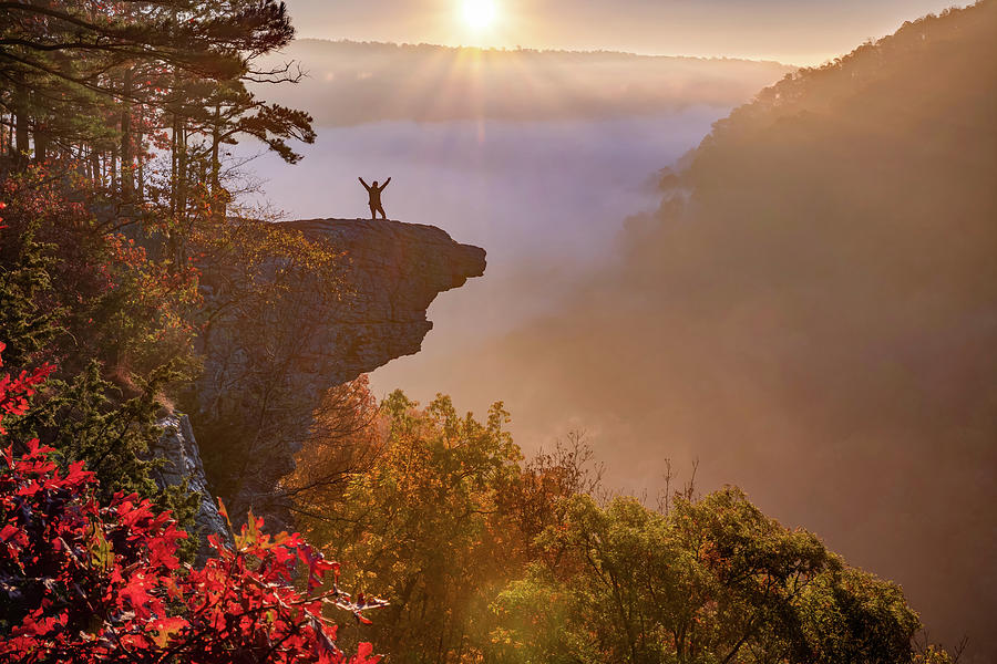 Happy Hiker On Hawksbill Crag At Sunrise Photograph by Gregory Ballos