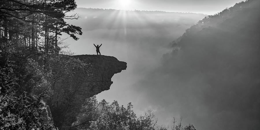 Happy Hiker on The Hawksbill Crag Panorama - Black and White Photograph by Gregory Ballos
