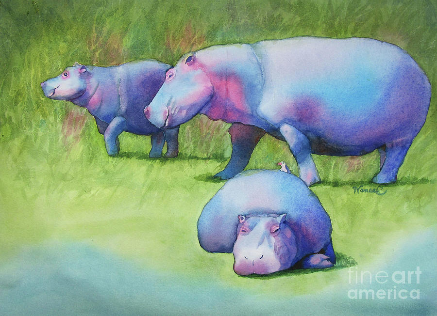 Happy Hippos Painting by Nancy Charbeneau