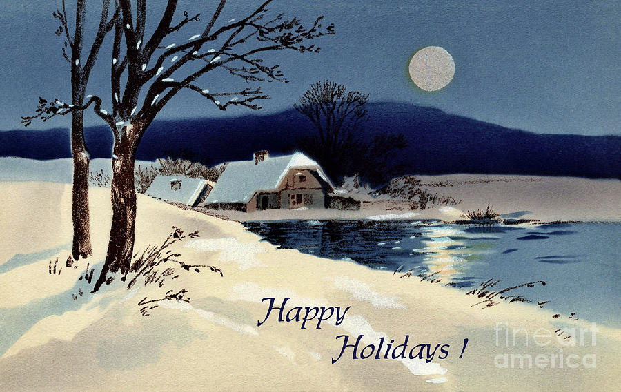 Happy holidays classic winter landscape painting Painting by Aapshop