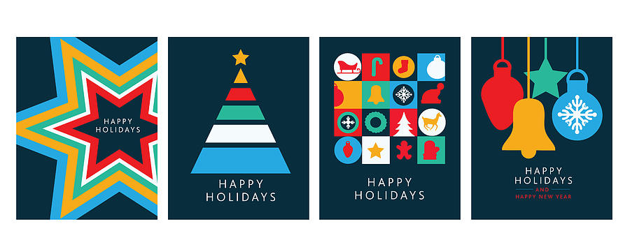 Happy Holidays Greeting card flat design templates with geometric shapes and simple icons Drawing by JDawnInk