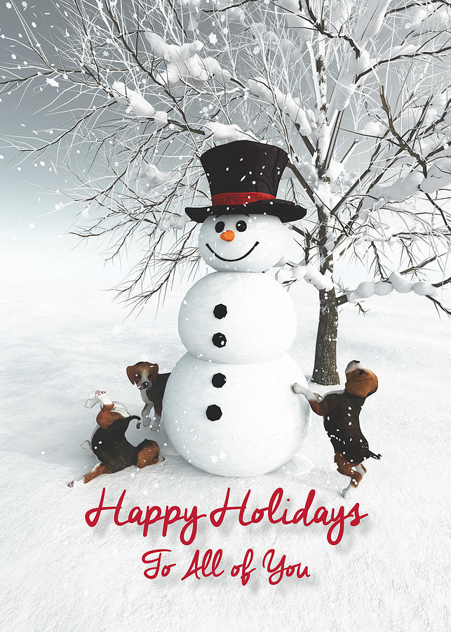 Happy Holidays to All of You, Fantasy Snowman with Beagle Dogs Digital Art by Jan Keteleer