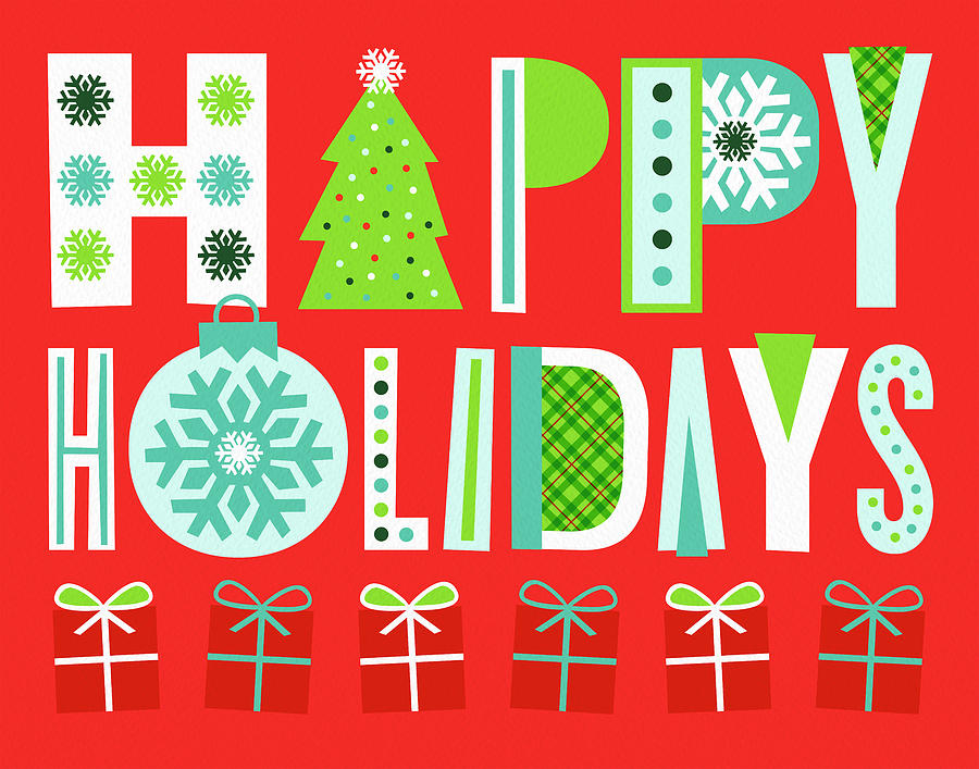 Happy Holidays Typographic Greeting Card Art by Jen Montgomery Painting by Jen Montgomery