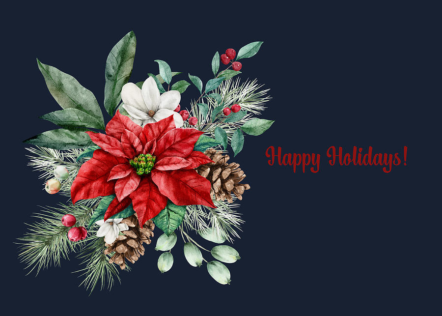 Happy Holidays With A Poinsettia Bouquet Mixed Media by Johanna Hurmerinta