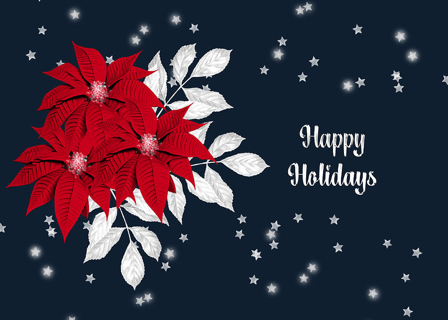 Happy Holidays With Red Poinsettias And Stars Mixed Media by Johanna Hurmerinta
