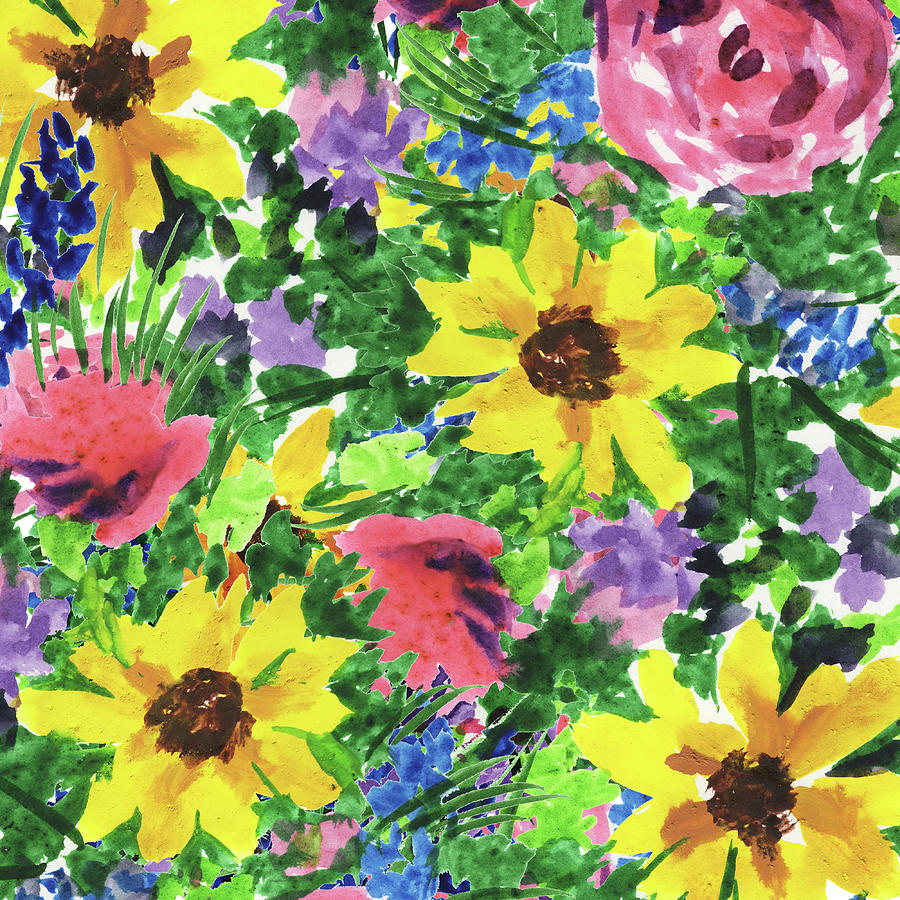 Happy Impressionistic Flower Garden With  Yellow Pink Blue Flowers Painting