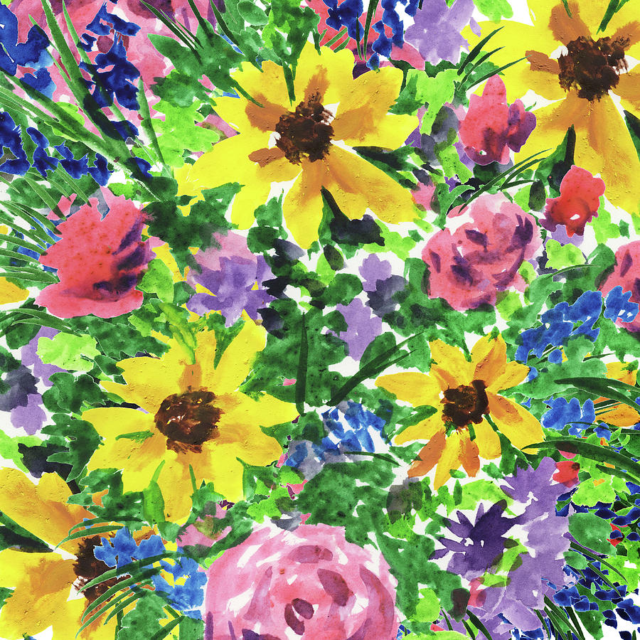 Happy Impressionistic Flowers Yellow Pink Blue Watercolor Flowerbed  Painting by Irina Sztukowski
