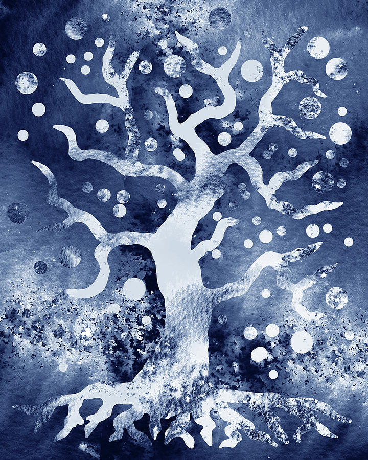 Happy Magical Tree Of Life Silhouette Abstract Watercolor Silver Indigo Blue   Painting by Irina Sztukowski