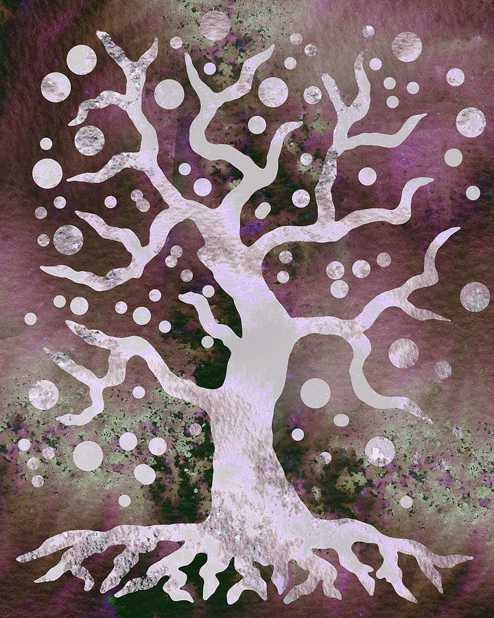 Happy Magical Tree Of Life Silhouette Abstract Watercolor Silver Purple Glow Painting by Irina Sztukowski