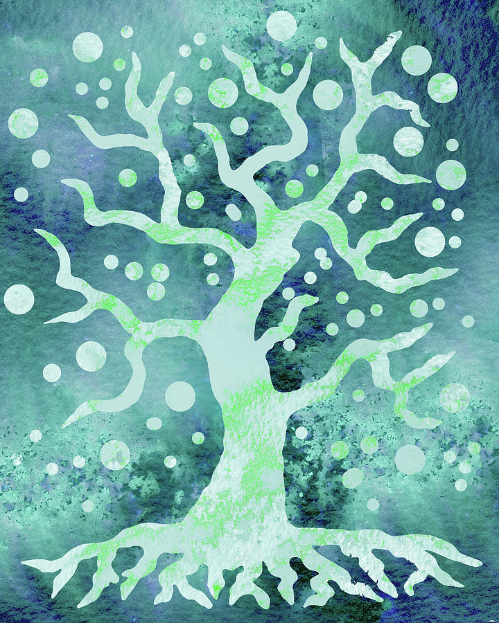 Happy Magical Tree Of Life Silhouette Abstract Watercolor Teal Blue Turquoise Glow  Painting by Irina Sztukowski