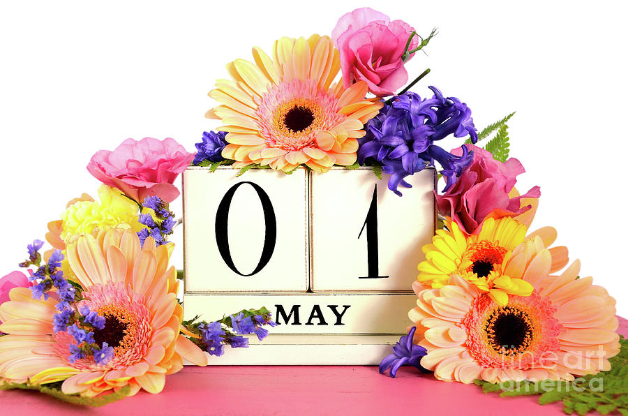 Happy May Day calendar with flowers.  Photograph by Milleflore Images