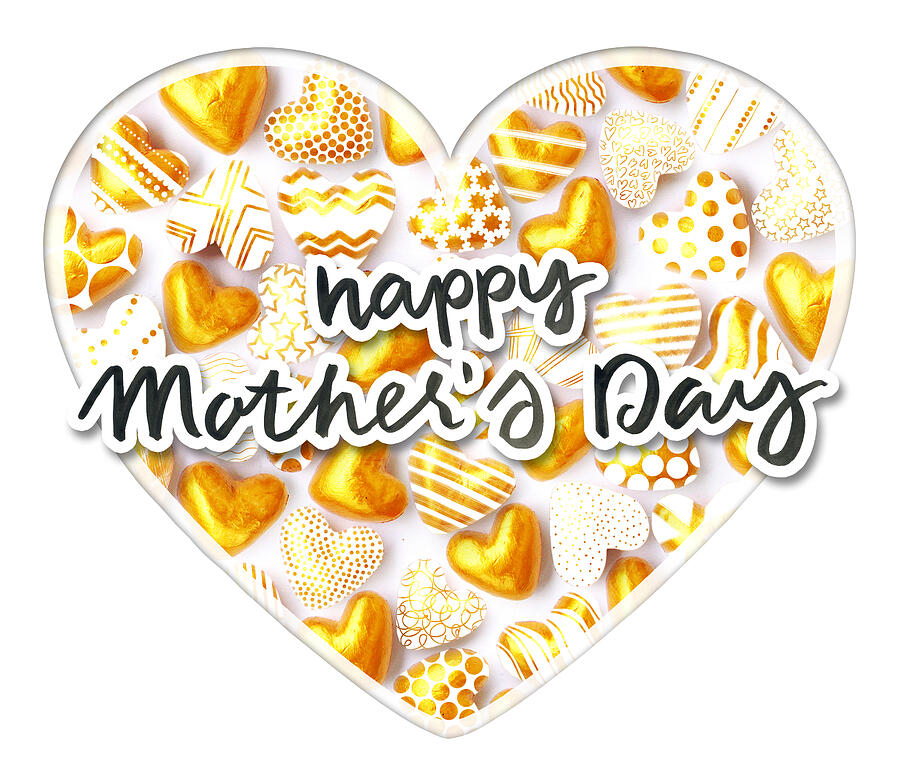 Happy Mothers Day text written in ink cut out of paper with a frame around and placed above the big heart filled with small 3D gold heart shapes - paper art composition Drawing by GOLDsquirrel