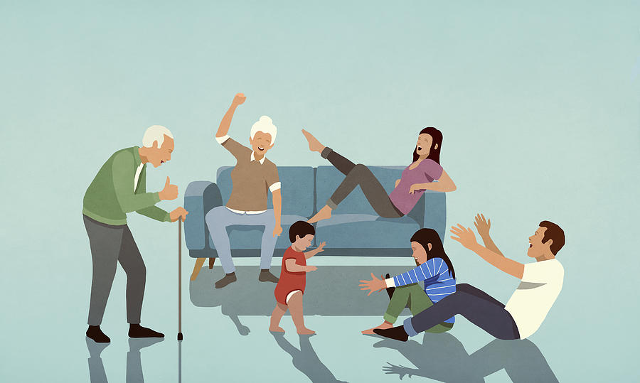 Happy multi-generation family cheering in living room Drawing by Malte Mueller