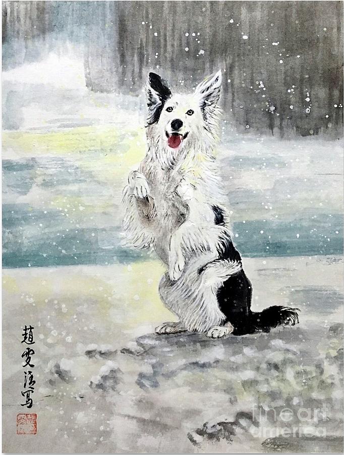 Happy Puppy in the Snow Painting by Carmen Lam