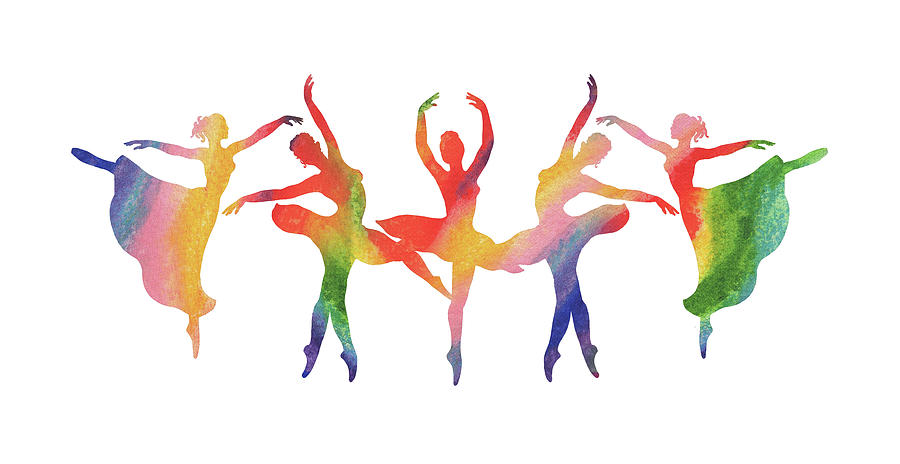 Happy Rainbow Dancing Ballerinas Silhouette  Painting by Irina Sztukowski
